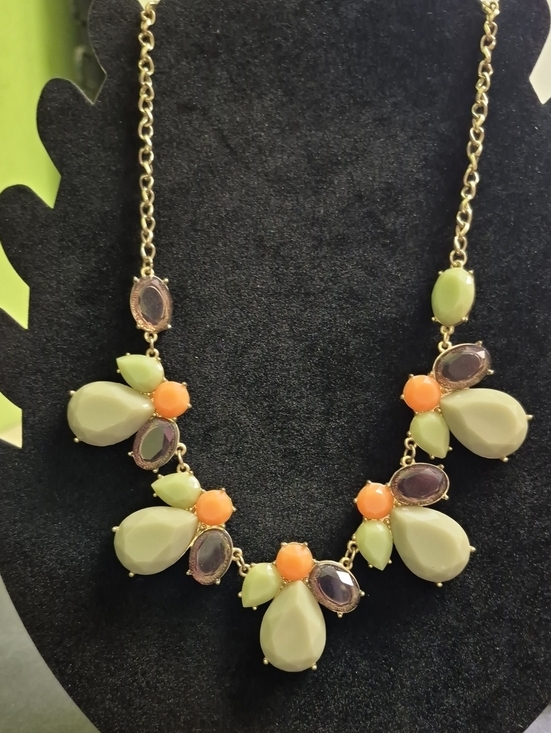 Jewelry - Gold Chain Statement Necklace with Green, Coral and Brown